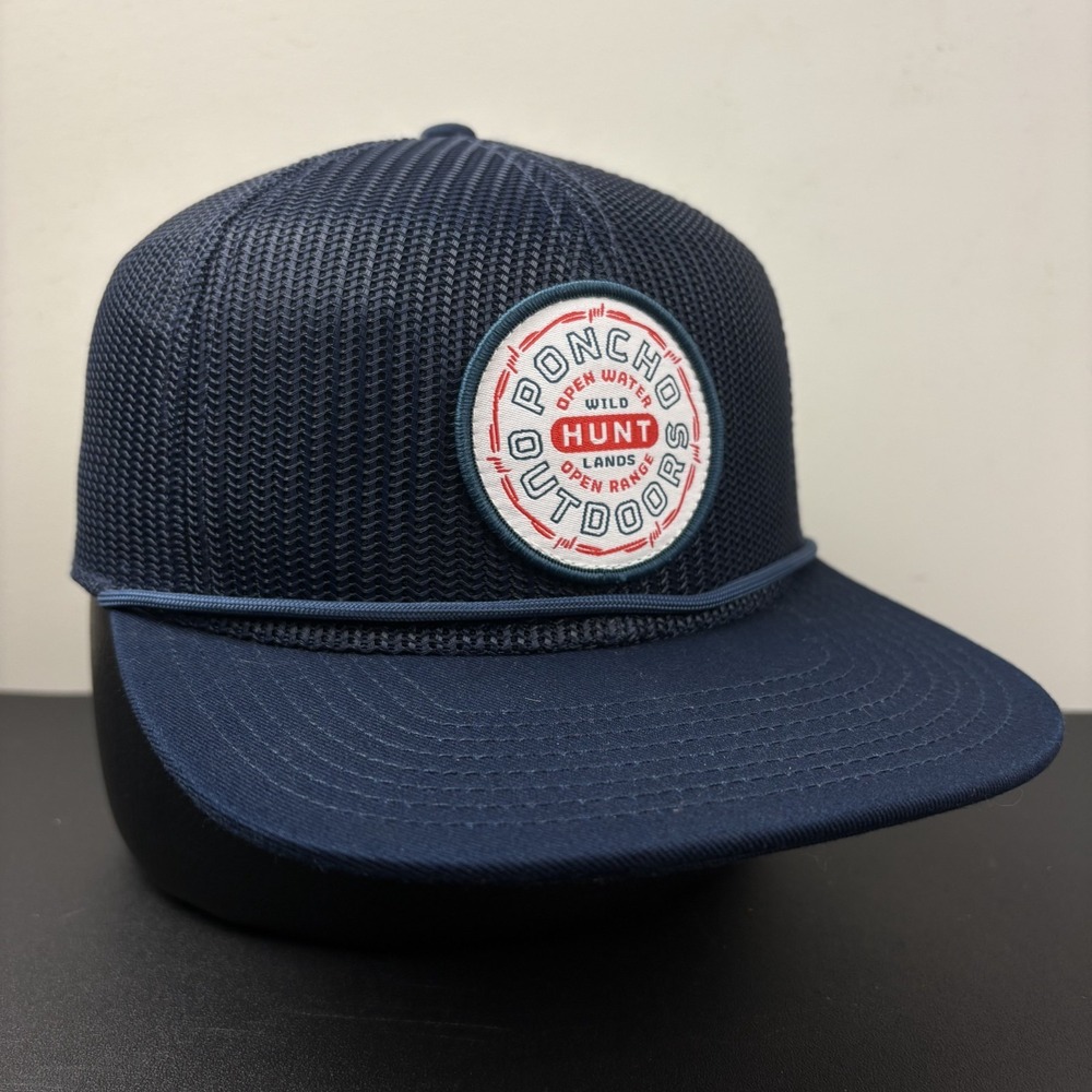 Poncho Outdoors Hunt Open Water Mesh Rope Snapback Hat Cap Navy Blue Adjustable